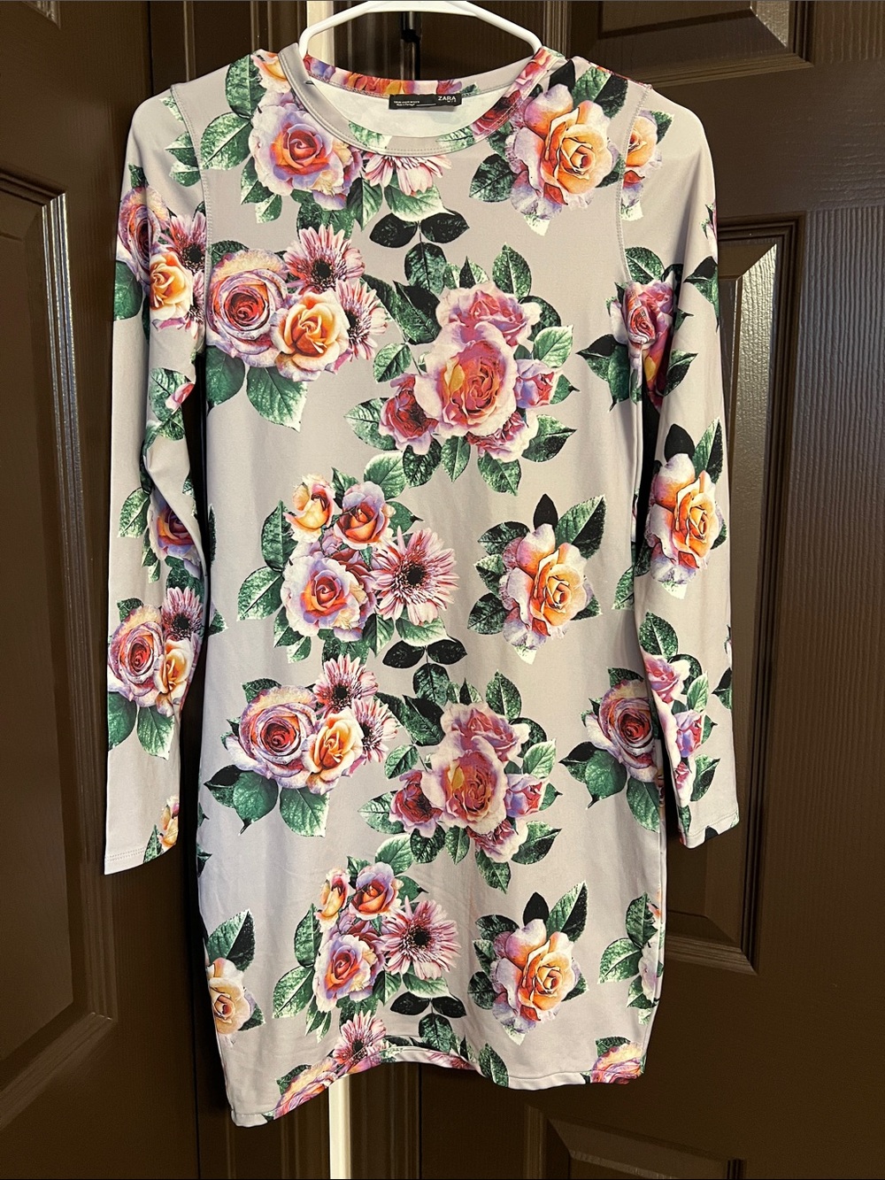 Zara Lavender Long Sleeve Floral Stretch Dress with Pink Roses
